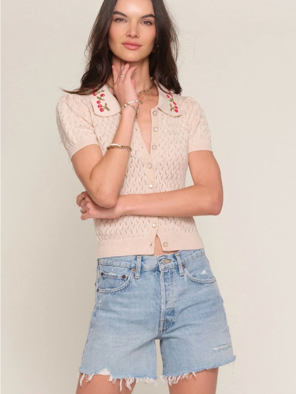 Heartloom Cream Knit Button-Down Top with Embroidered Collar